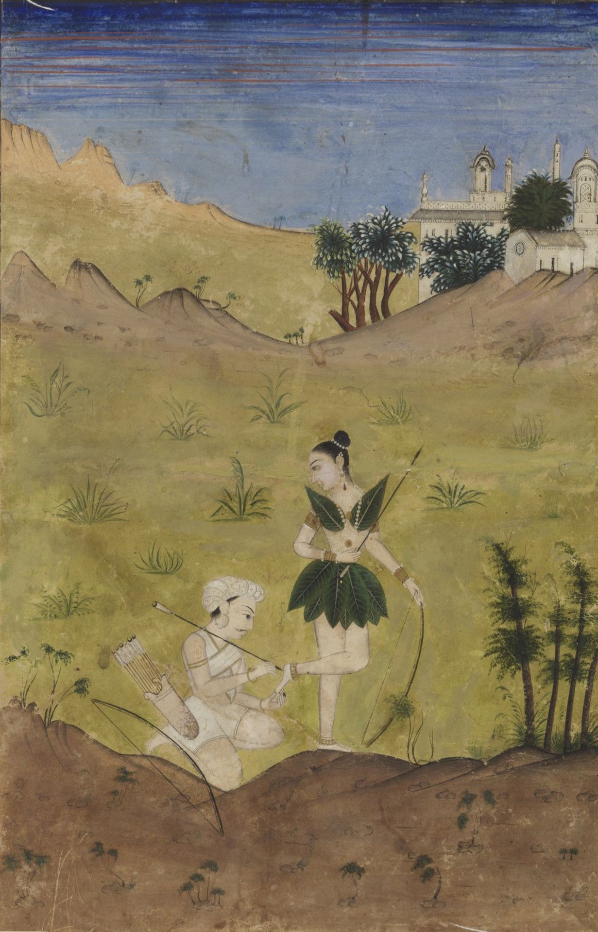 Arte Indiana A miniature painting depicting a kneeling hunter pulling out an arrow from a maiden's - Bild 2 aus 3