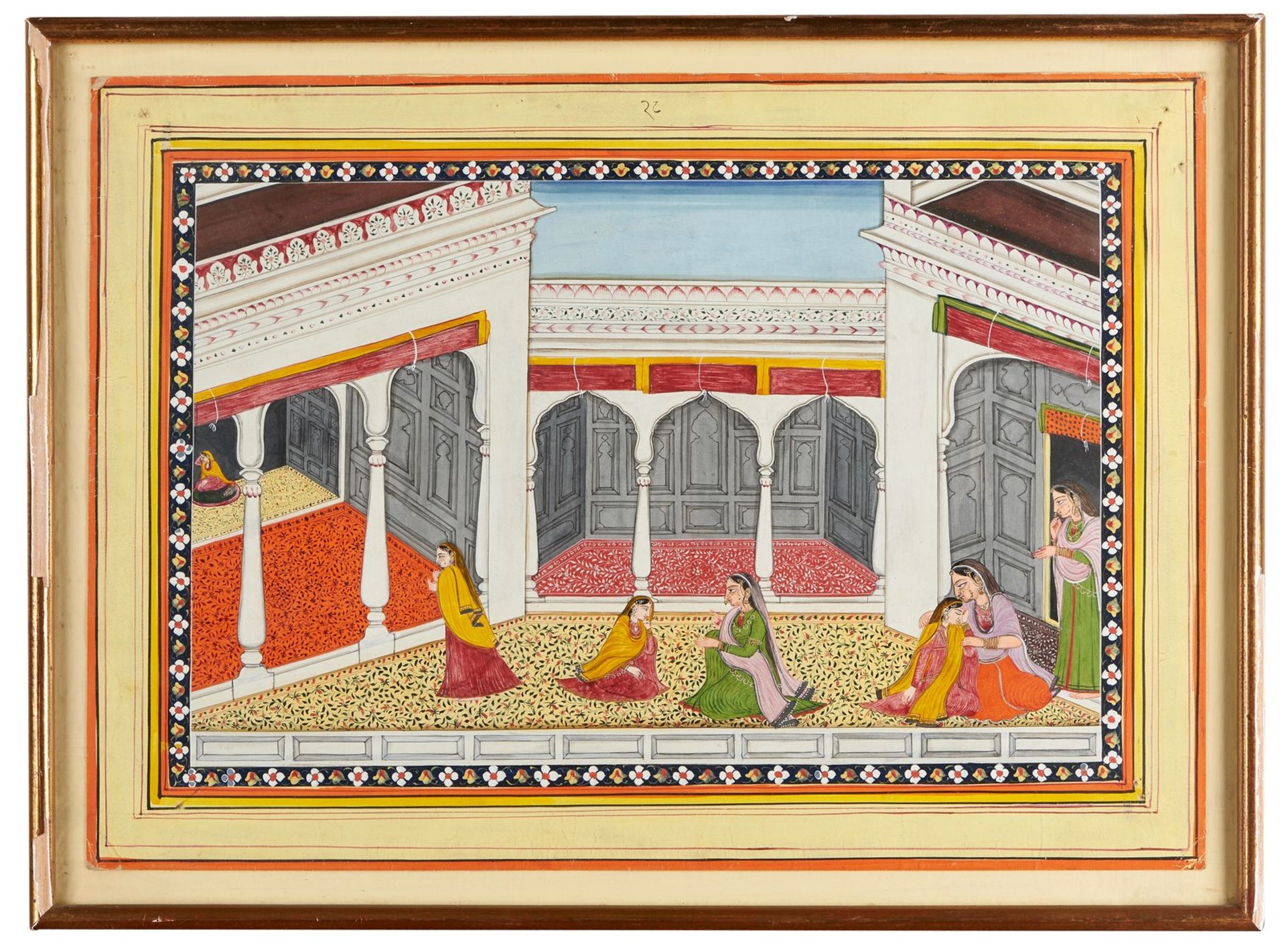 Arte Indiana Miniature painting depicting ladies on a terrace Northern India, Pahari, early 20th ce