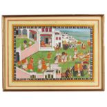 Arte Indiana A painting depicting a daily life scene in front of the royal fort Northern India, Pah