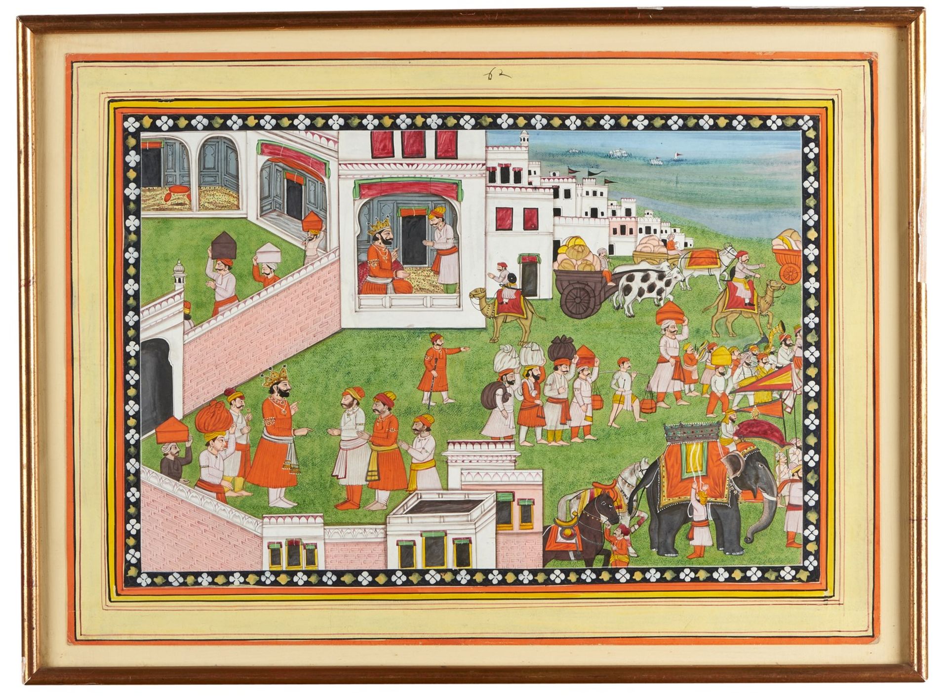 Arte Indiana A painting depicting a daily life scene in front of the royal fort Northern India, Pah