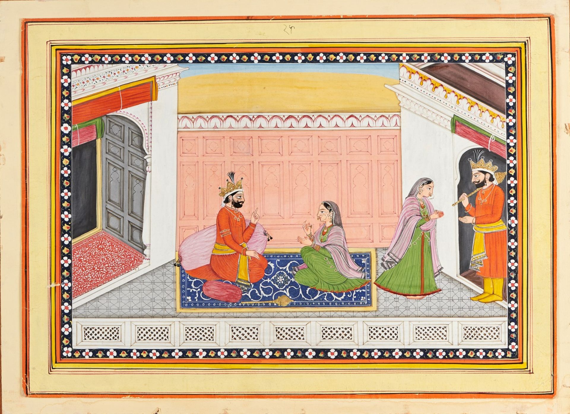 Arte Indiana A large miniature painting depicting a couple on a terraceNorthern India, Pahari, earl