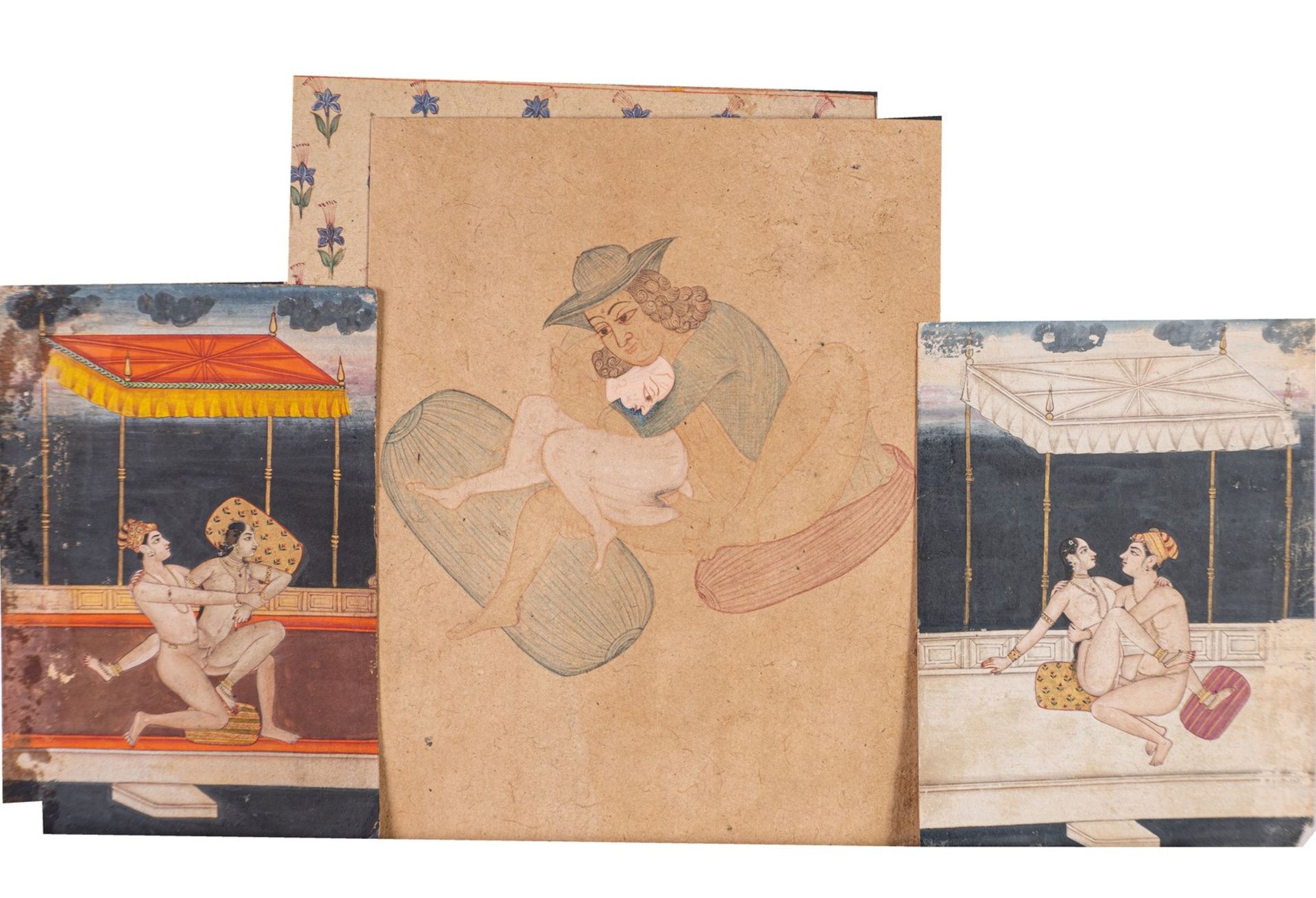 Arte Indiana A group of three erotic miniature paintings India, 19th and 20th century Pigments and