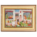 Arte Indiana A miniature painting depicting a courtly scene Northern India, Pahari, early 20th cent