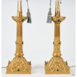 Pr Jeweled Gilt Bronze Candlestick Lamps