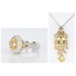 14K Diamond & Citrine Pendant Necklace & 18K Sapphire Ring