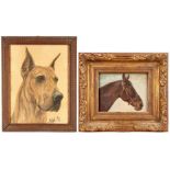 2 Animal Portraits incl. Louis Braun Oil of Horse and Charcoal of Dog