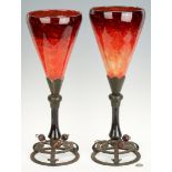 Pair Schneider Art Glass Vases with Bronze Bases