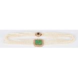 18K Pearl Strand Necklace w/ Jade, Sapphire, & Diamonds.