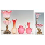 5 Art Glass/Satin Glass Items, incl. Epergne, Lamp, Pitcher, Vases