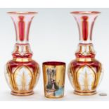3 Bohemian Glass Items, Vases & Tumbler