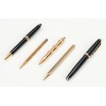 5 Pens - 2 Montblanc, 2 gold color, 1 Marked 14k