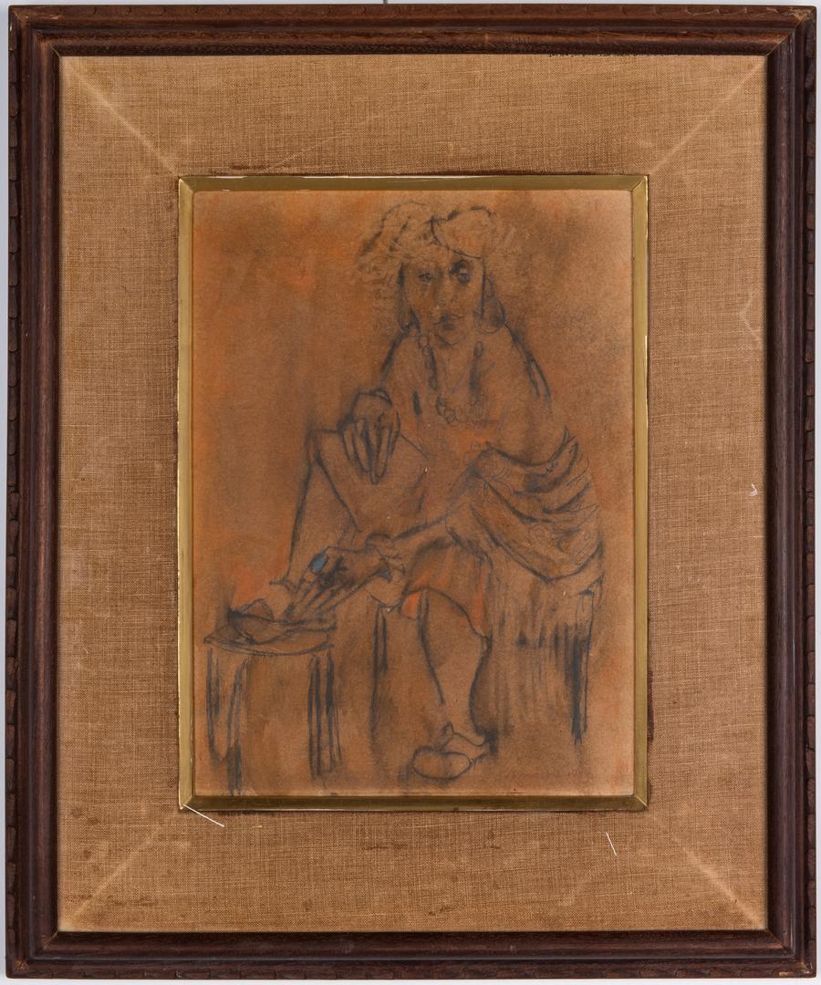 Zero Mostel Graphite & Pastel Drawing, Seated Woman - Image 2 of 7