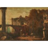 Style of Hubert Robert, 18th C. Landscape with Roman Ruins and 3 figures