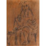 Zero Mostel Graphite & Pastel Drawing, Seated Woman
