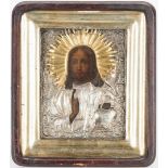 Framed Russian Icon w/ Silver & Gilt Oklad