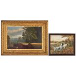 2 American School Landscape Paintings, Cattle & Dogs