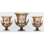 3 Derby Porcelain Urns w/ Cobalt Decoration