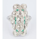 Ladies Platinum, Diamond & Green Glass Ring