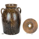 2 GA Stoneware Pottery Items, Jar & Churn Lid