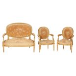 Louis XVI Style Gilt Carved Settee & 2 Arm Chairs