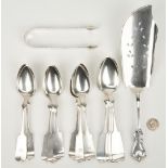 Coin silver fish slice and spoons plus English tongs