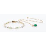 Ladies Diamond and Emerald Bracelet & Pendant w/ Necklace, 3 items