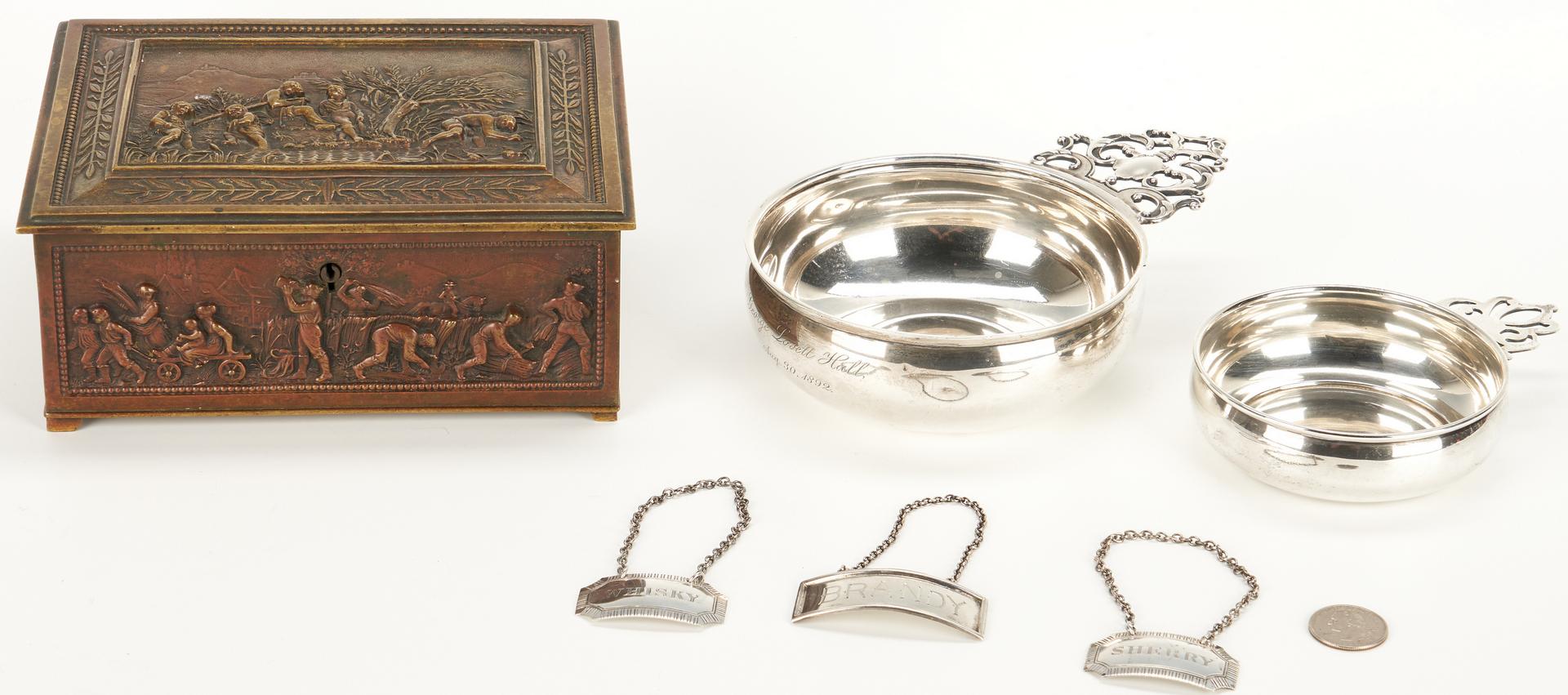 Bronze Box, 2 Sterling Porringers and 3 Liquor Tags - Image 2 of 17