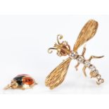 2 Ladies 14K Diamond Pins Dragonfly & Ladybug