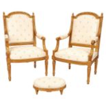 Pair of French Louis XVI Style Fauteuils & Footstool