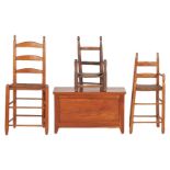 3 East TN Ladderback Chairs & Miniature Chest