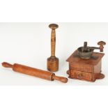 3 Tiger Maple Kitchen Items, 19th C.