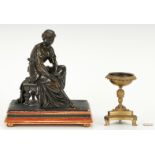 Bronze figure of woman on bench plus sm. compote