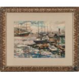 Watercolor Harbor Scene, Signed Forkner