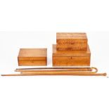 7 Tiger Maple Items, incl. Boxes & Walking Sticks