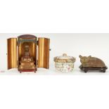 Asian Travel Shrine, Bronze Cat, and Famille Rose Jar