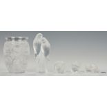 3 Lalique Nude Figures, Parakeets, & Bagatelle Vase