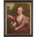 French School 18th C. oil, Girl w/ Cherries and Flowers