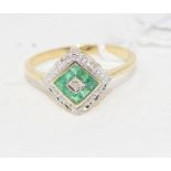 A 9ct gold, emerald and diamond Art Deco style ring, approx. ring size P Modern