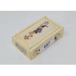 A bone dice box, decorated a jester, dice and playing cards, 9 cm wide Modern