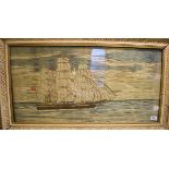 A Victorian sailor woolwork picture, of a three masted sailing ship, 37 x 75 cm Slight