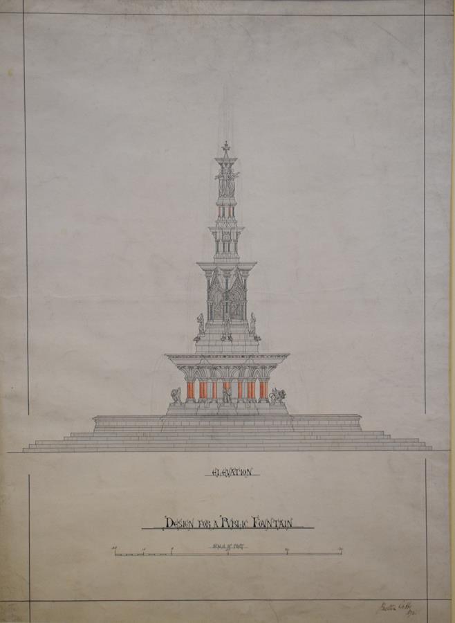 J Melton Gibbs, an Elevation Design for a Public Fountain, ink and wash, signed and dated 1872, 70 x