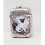 A silver vesta case, later applied a plaque decorated a pug dog Modern