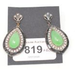 A pair of Art Deco style earrings, set pear drop cabochon jade, surrounded by diamonds and onyx,