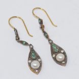 A pair of drop earrings, set emeralds, diamonds and a cultured pearl, boxed