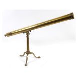 A 19th century 2½ inch brass library telescope, on a tripod stand, 114 cm long