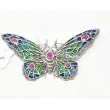A silver, ruby and enamel butterfly brooch Modern