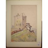 Gilbert Laurie Cadell (1909-1993), a ruined tower, watercolour and pastel, signed, 53 x 36.5 cm, and