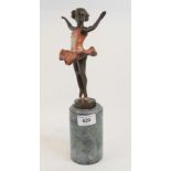 A painted bronze figure, of a dancing girl, on a marble base, 31 cm high Modern