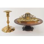 A petal base candlestick, 18 cm high, a brass inkstand, and a mahogany stand, 27 cm wide