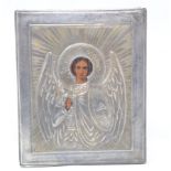 An icon, in a silver coloured metal frame, 8.5 x 7 cm Modern
